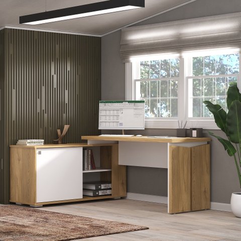 Escrivaninha Mesa Escritório em L Diretor Smart 1 Porta 2 Nichos 168,5cm Olmo e Branco Artany