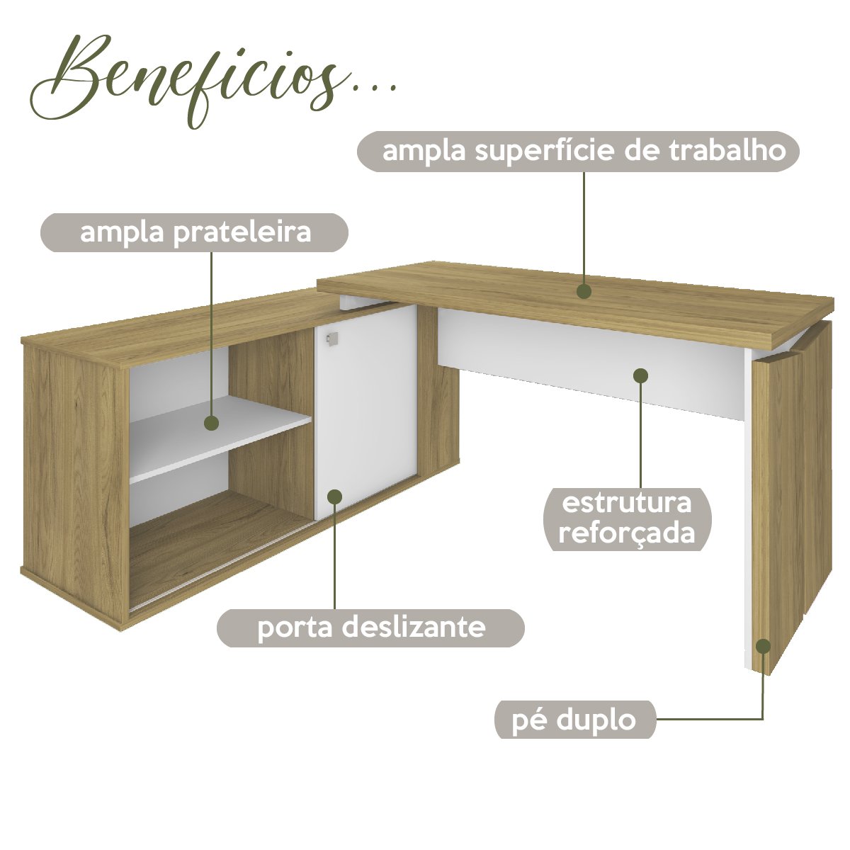 Mesa para Escritório em L Diretor 1 Porta 2 Nichos 135x168,5cm Smart  - 15