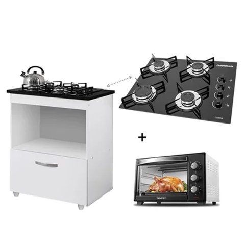 Kit Balcão Cooktop 1 Porta Br C/forno Elétrico 48l 127v C/fogão Cooktop 4 Bocas
