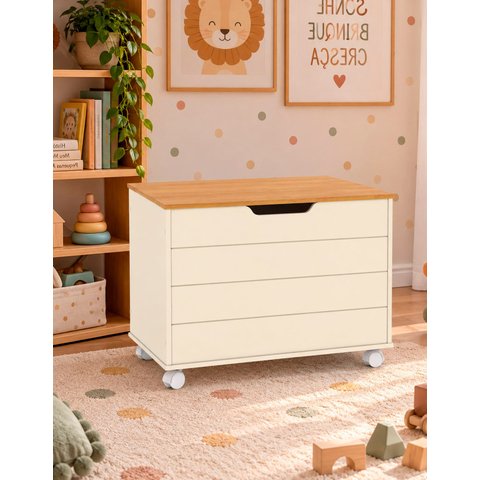Baú Modulo Guarda Brinquedo Caixa Infantil C Rodízios Ariel Cor:Off White/Madeira