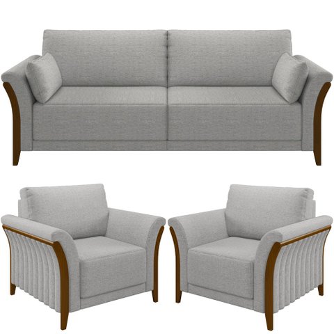 Kit Sofá 02 Lugares Sala Estar 162cm com 02 Poltronas Stefan Pés Madeira M03 Linho Cinza - Lyam Deco