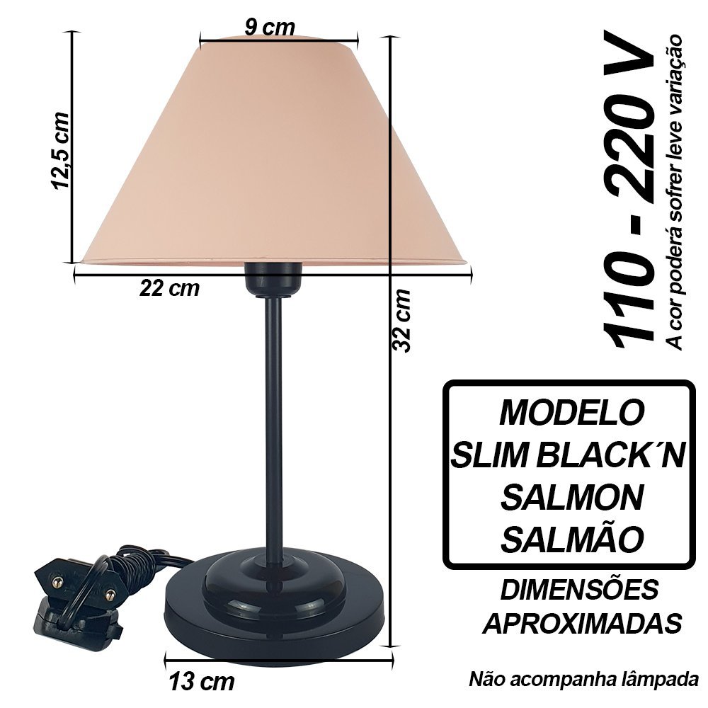 Abajur Slim Black´n Salmon Luminária de Mesa Fino Quarto Sala – Base Preto Cúpula Salmão - 2