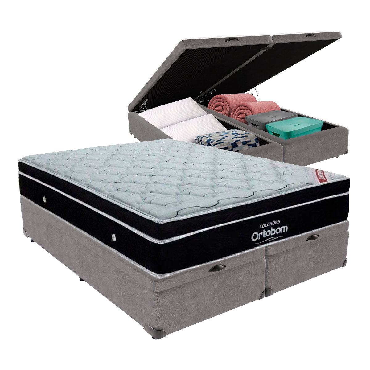 Cama Box Baú Bipartido King Cinza e Colchão Elegant Superpocket Molas Ensacadas Ortobom