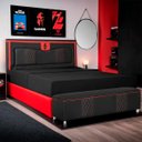 Ver imagem 2 de Kit Quarto Gamer Baú e Painel Fighter Usb 90 Cama Solteiro:preto e Vermelho