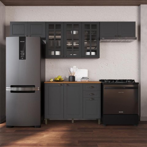 Armário de Cozinha Modulada Compacta Fidelitá Nara 100% MDF 4 Peças 280cm 10 Portas 2 Gavetas com