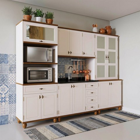 Cozinha Compacta Modulada 4 Gavetas 4 Peças Joy Branco/Off White/Nogueira