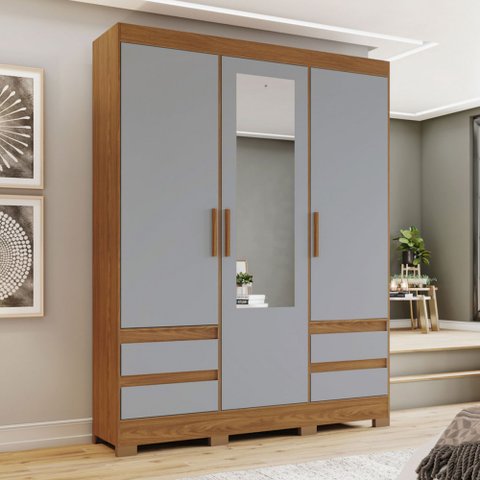 Guarda-roupa Solteiro Lema 3 Portas 4 Gavetas com Espelho Nature/cinza - Henn