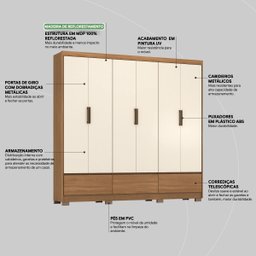 Guarda Roupa Casal 6 Portas e 3 Gavetas Himalaia - Amêndola Touch/off White - 5