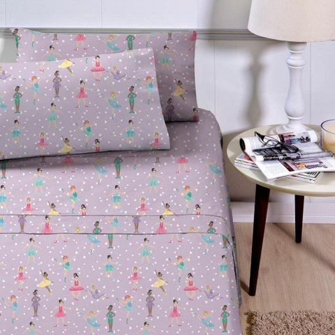 Jogo de Lençol Infantil 3 Peças 180 Fios Poliéster Estampado Corttex Rosa Bailarina