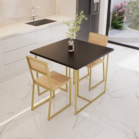 Conjunto Mesa de Jantar Quadrada Preta 2 Cadeiras Pinus Riviera Industrial Dourado Don Castro Decor 