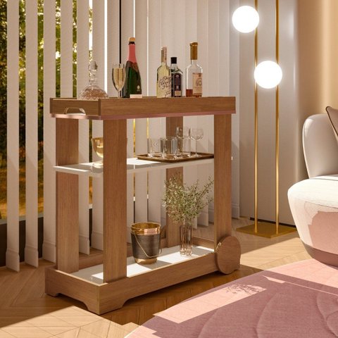 Carrinho Bar Aparador 80cm em Mdf com Rodas Cinamomo/off White