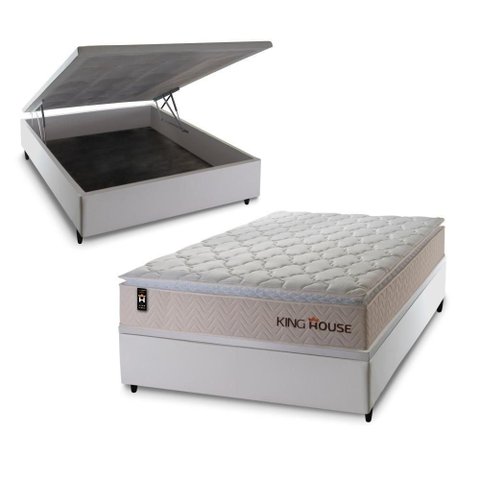 Cama Box com Baú Casal Roma Molas Ensacadas Courino Bege Branco King House 138cm