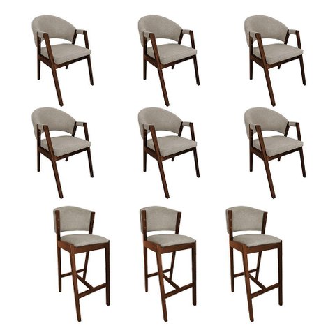 Kit 6 Cadeiras de Jantar Helen com 3 Banquetas Ana Madeira Maciça Mel Premium Linho Bege
