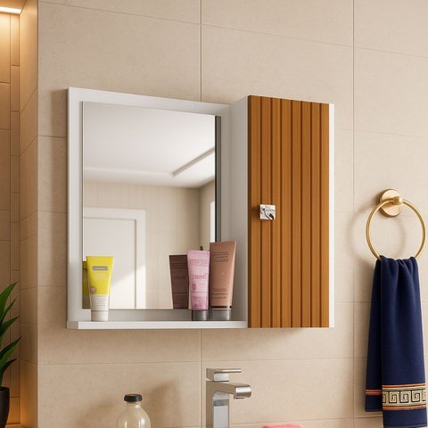 Armário com Espelho Genova Design Clean com 2 Prateleiras:ripado