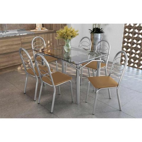 Conjunto: Mesa de Cozinha Elba C/ Tampo de Vidro 120cm e 6 Cadeiras Holanda Cromada - Courano