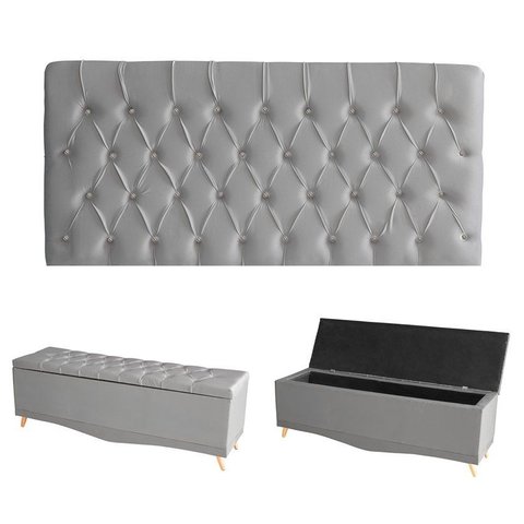 Kit Estrela Cabeceira de Cama Painel e Calçadeira Baú Botão Cristal Queen 160 Cm Suede Prata Eli Móv