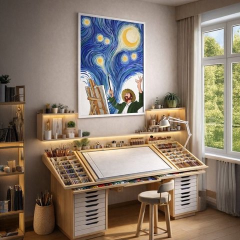 Canvas Van Gogh Pintura Noite Estrelada 40x30cm Mold Preta