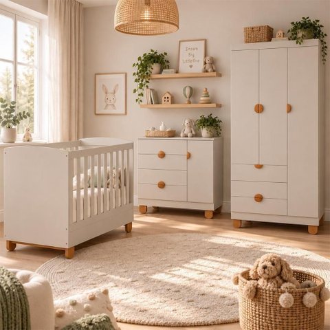 Dormitório Infantil Apolo com Guarda Roupa Cômoda Berço 3 Portas 3 Gavetas MDF Areia Fosco Reller