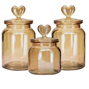 Jogo 3 Potes Vidro Âmbar Decor Afeto Coração 650ml e 1 Litro