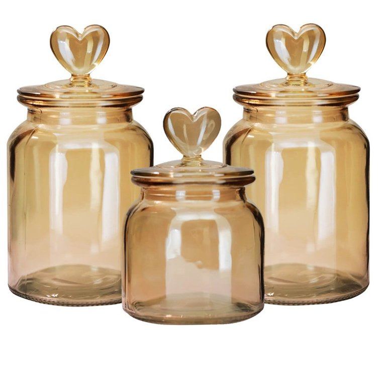 Jogo 3 Potes Vidro Âmbar Decor Afeto Coração 650ml e 1 Litro Jogo 3 Potes Vidro Âmbar Decor Afeto Coração 650ml e 1 Litro