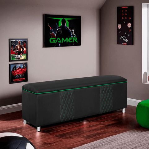 Baú Organizador Fighter para Quarto Gamer 90 Cm Corino:preto e Verde