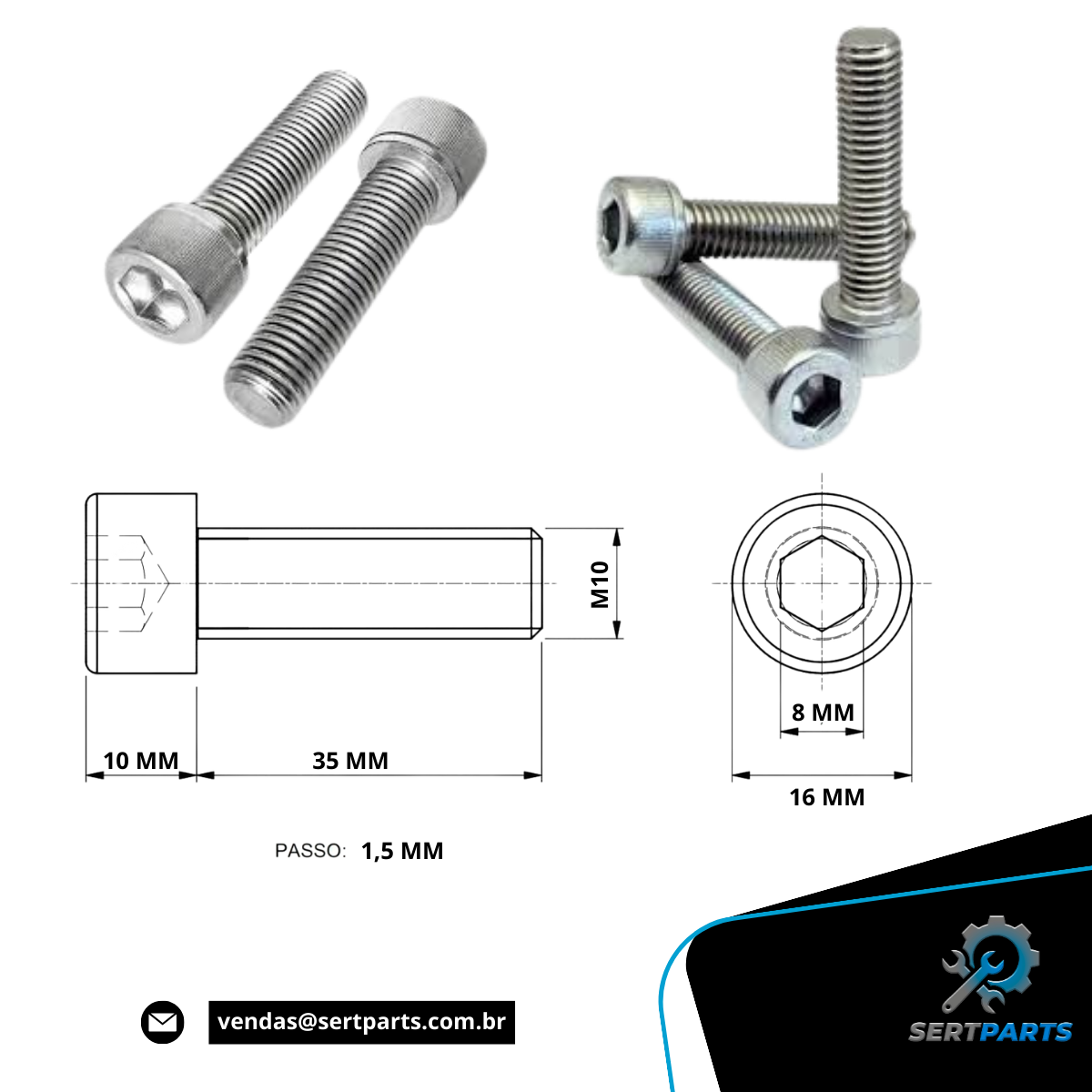 Parafuso Allen Cabeça Cilíndrica M10x35 Inox 10 Peças - 3