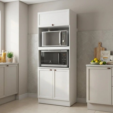 Paneleiro Duplo Torre Quente 3 Portas 2 Nichos para Micro-ondas 213x70cm Unna Yescasa Branco