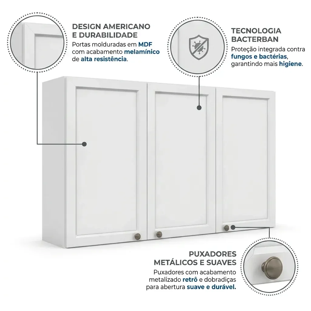 Ver imagem 6 de Armário de Cozinha Aéreo 3 Portas 120cm Unna Yescasa Branco