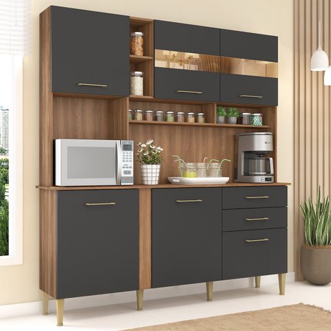 Cozinha Compacta Nicole 182 x 200 Cm Armário Nicho Forno MDP Manchester Grafite - ClickLar