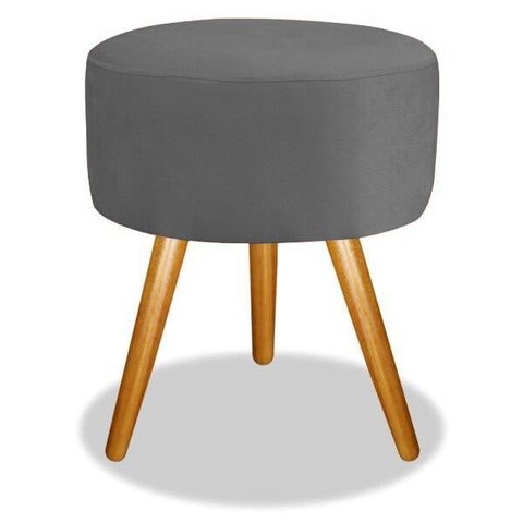 Puff Puf Banqueta Magnus Redondo Cinza Pés Castanho 50 Cm