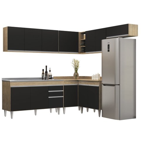 Armário de Cozinha Modulado de Canto 7 Peças Cp24 com Pia Inox Castanho/preto - Lumil Lumil Móveis