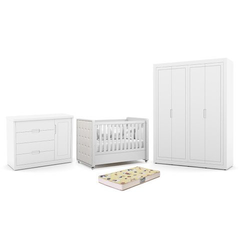 Dormitório Tutto New 4 Portas, Cômoda 1 Porta e Berço Branco Soft com Capitonê e Colchão