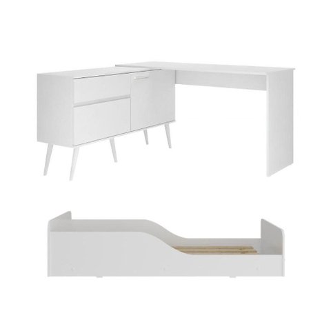 Kit Cama Infantil Montessoriana com Escrivaninha e Colchão Incluso Lume Multimóveis MP4824 Branco