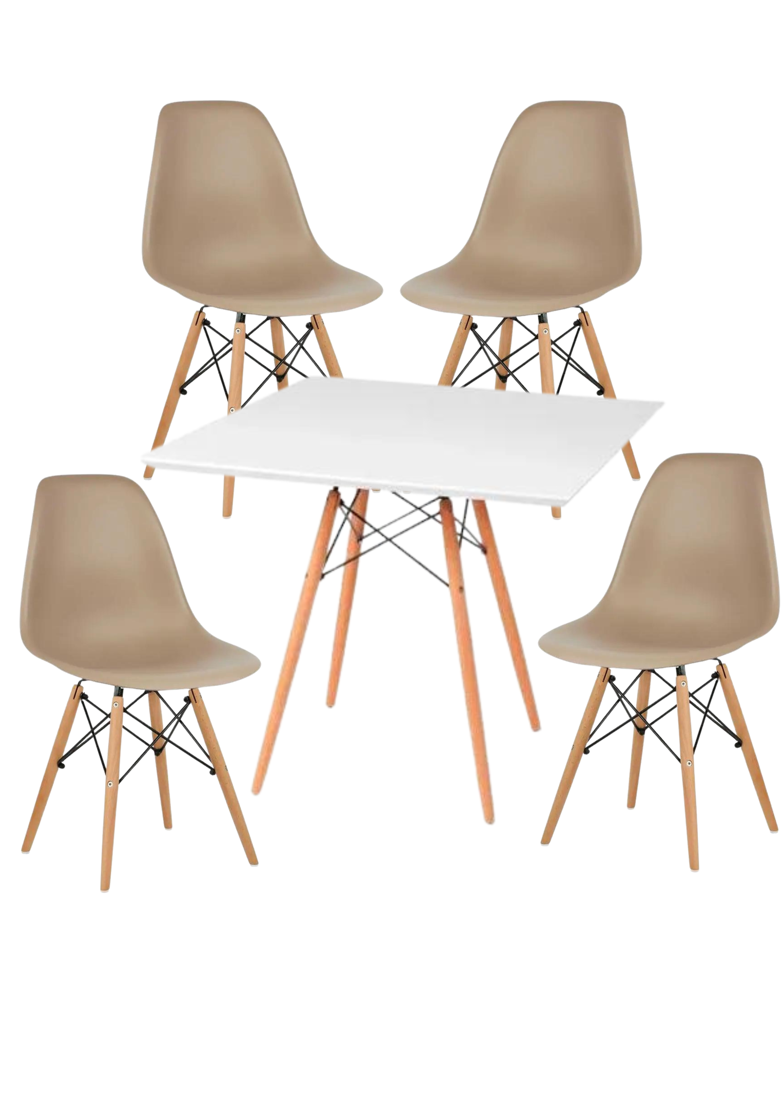Conjunto Mesa de Jantar Quadrado Eiffel 90cm Branca + 4 Cadeiras Charles Eames Nude.