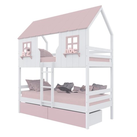Beliche Casinha Encantada com 02 Gavetas Madeira Maciça Branco/ Rosa Megamobilia