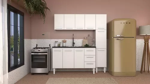 Conjunto Cozinha Completo para Pia 1,50metros Gabinete 3 Gavetas + Aéreo + Paneleiro 100% em Aço - V - 1