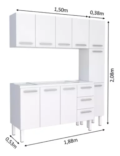 Conjunto Cozinha Completo para Pia 1,50metros Gabinete 3 Gavetas + Aéreo + Paneleiro 100% em Aço - V - 3