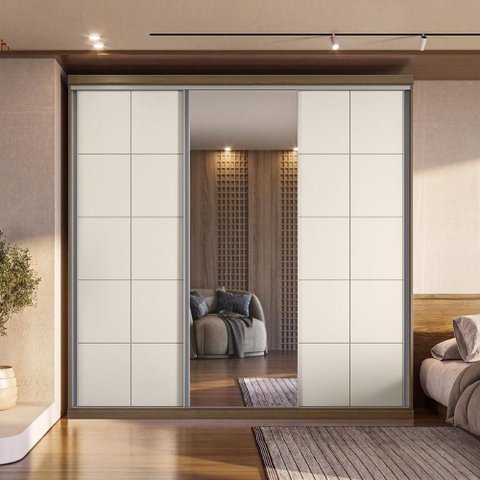 Guarda Roupa Casal 2,19m 3 Portas de Correr com Espelho 100% MDF Cor:Nogal com Areia
