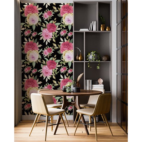 Papel de Parede Adesivo Azulejo Preto com Rosas 2,80m