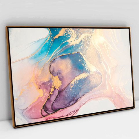 Quadro Decorativo em Canvas Abstrato Aquarela Luxo TaColado Moldura Flutuante 4,5cm Freijó 120 x 80c