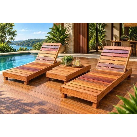 Kit Serena Lumatê Decor | 2 Espreguiçadeiras + Mesa Madeira Maciça