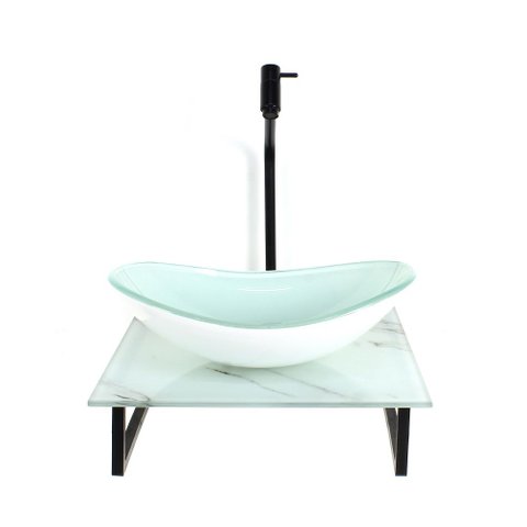 Gabinete de Vidro com Cuba Oval com Tampo de Vidro 40cm X 40cm Mármore Branco
