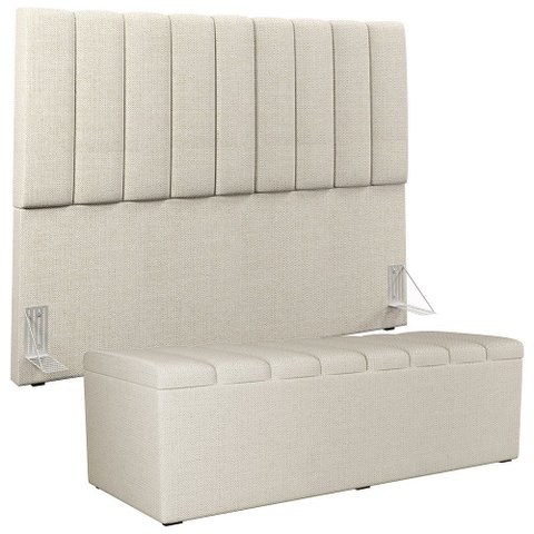Kit Cabeceira Cama Box Casal King 195cm com Calçadeira Baú Dália W01 Linho Champagne - Lyam Lyam Dec