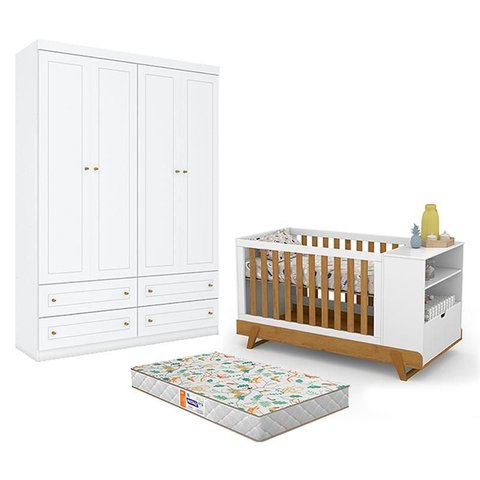 Berço Multifuncional Bkids Branco Freijó Eco Wood - Matic e Guarda Roupa Infantil Americano 4 Porta 