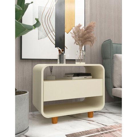Mesa de Cabeceira Apoio Criado Modular Niara Pés Madeira Cor:Off-White