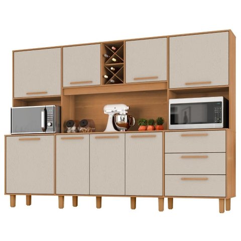 Kit Cozinha 8 Portas 3 Gavetas 242 cm Polar Cinamomo Areia Zanz