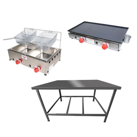 Kit Lanchonete Mesa de Manipulação 100x55cm + Fritadeira a Gás 2 Cuba + Chapa a Gás 60cm