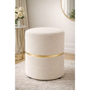 Puff com Cinta no Meio Dourada em Tecido Boucle / Palha