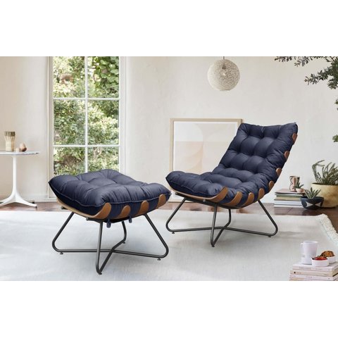Poltrona Costela Decorativa com Puff Madeira Eva Preto - Azul