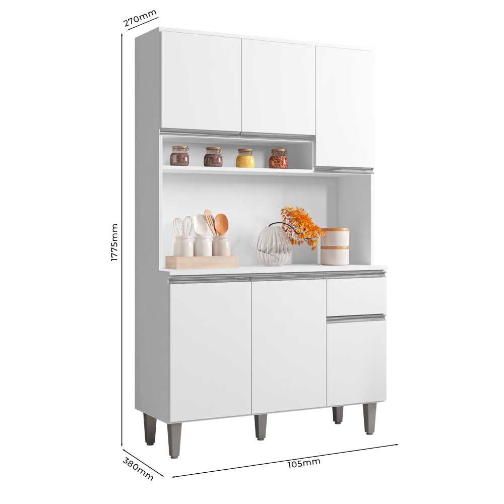 Armário Cozinha Compacta 6 Portas Marcia 105cm Branco 1902 Ajl Móveis - 3